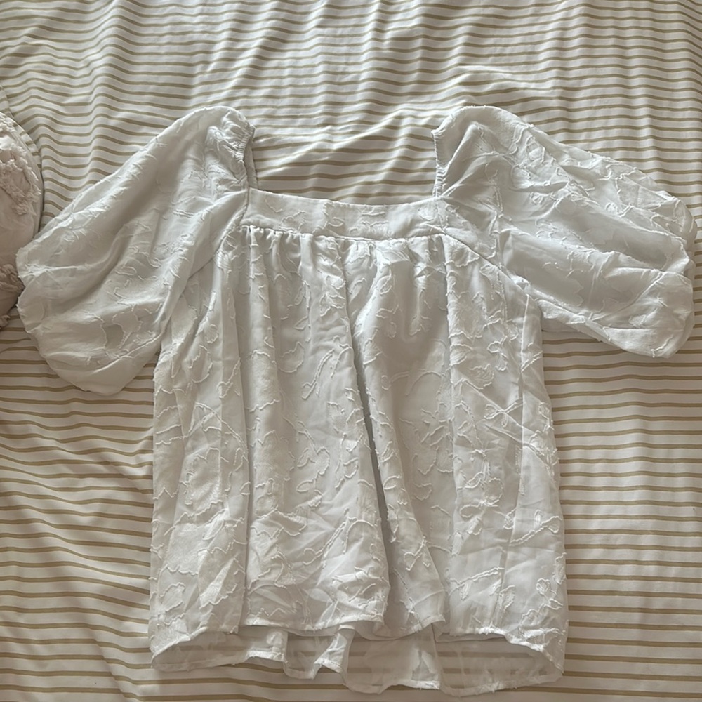 White Ruffled Blouse with Puff Sleeves and Bib Collar